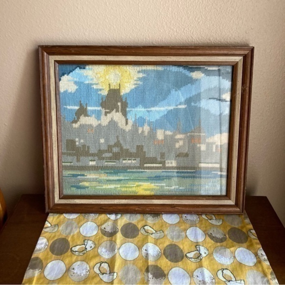 Vintage cross stitch city scene framed tapestry